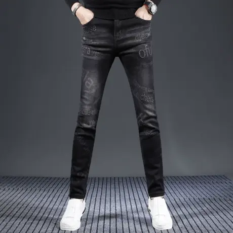秋冬新款男士牛仔裤工艺印花黑灰色轻奢高端欧货潮牌修身小脚裤男商品大图