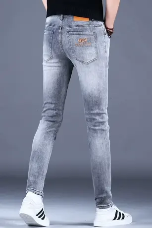 秋冬款烟灰色牛仔裤男款修身小脚弹力裤子男休闲2023新款潮牌高端商品大图