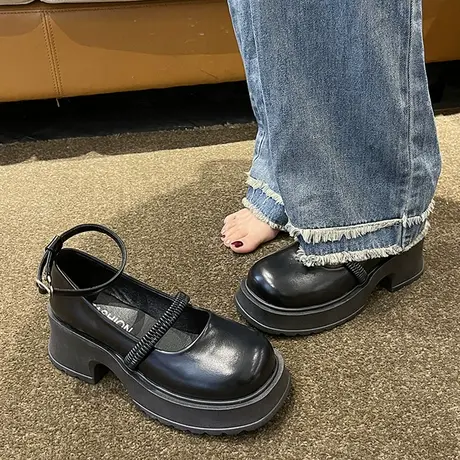 法式玛丽珍鞋女夏2023年春秋新款粗跟高跟鞋设计感小众厚底小皮鞋商品大图