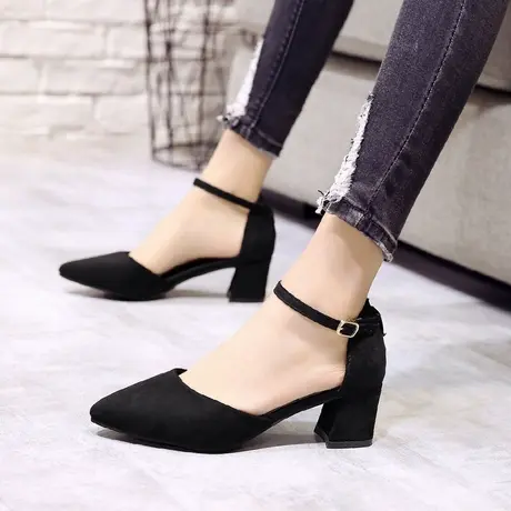 2024春夏季新款一字扣尖头高跟鞋性感粗跟黑色绒面学生单鞋女凉鞋商品大图