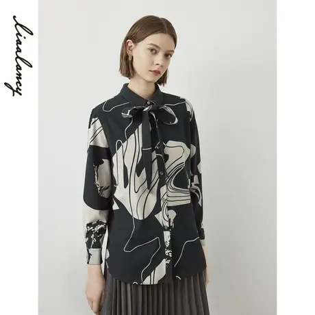 朗姿羊毛气质艺术感印花衬衫上衣2022冬季新款通勤衬衣女商场同款商品大图