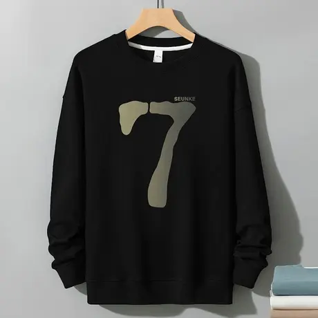 350g重磅卫衣男2024新款圆领无帽长袖t恤美式潮流宽松黑色上衣服图片