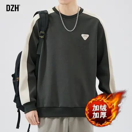 男士加绒加厚卫衣男秋冬款保暖圆领上衣服2024新款拼接潮流打底衫商品大图