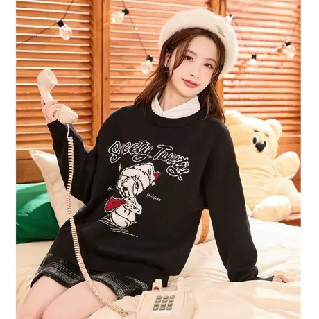 唐狮崔迪联名款鸭子图案圆领毛线衫女秋冬款百搭减龄宽松毛衣图片