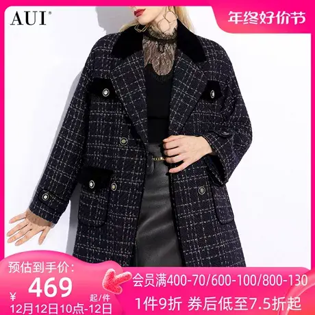 AUI高端宽松格子毛呢外套女冬2023新款小香风名媛气质中长款大衣图片