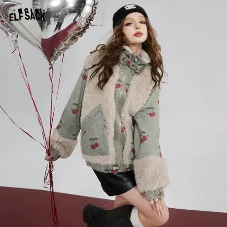 妖精的口袋仿羊羔绒拼接格纹厚外套女2023冬季新款樱桃印花上衣商品大图