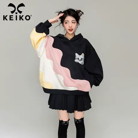 KEIKO 奶系拼色连帽卫衣女2023秋季设计感可爱减龄oversize外套商品大图