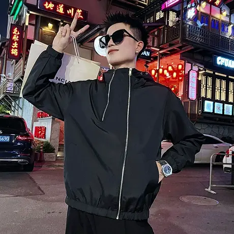 春秋季个性冲锋衣连帽外套男潮流痞帅双拉链设计感防风机车服夹克商品大图