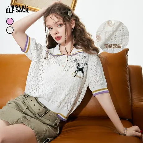 妖精的口袋短袖镂空针织衫女2023夏季新款polo衫薄款罩衫翻领上衣商品大图