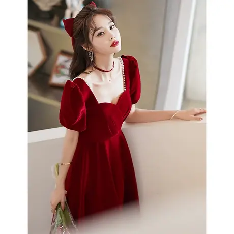 法式敬酒服新娘2024新款结婚订婚回门酒红色晚礼服裙女年会主持人图片