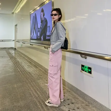 唐狮美式复古工装裤女夏高腰显瘦宽松阔腿裤降落伞裤休闲裤子1.13商品大图