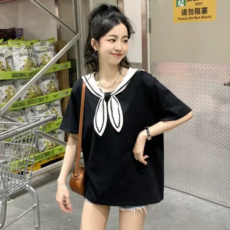 唐狮海军领短袖T恤女宽松休闲春夏季日系学院风甜美上衣别致f图片