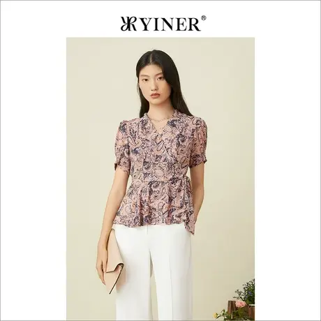 YINER音儿女装夏季设计感衬衫印花v领衬衣泡泡袖上衣商品大图