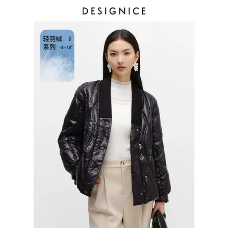 迪赛尼斯冬季通勤风黑色短款轻薄白鸭绒针织拼接羽绒服外套女商品大图