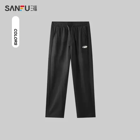 三福2024夏季男士运动风拼接休闲裤 宽松直筒针织卫裤男483074商品大图
