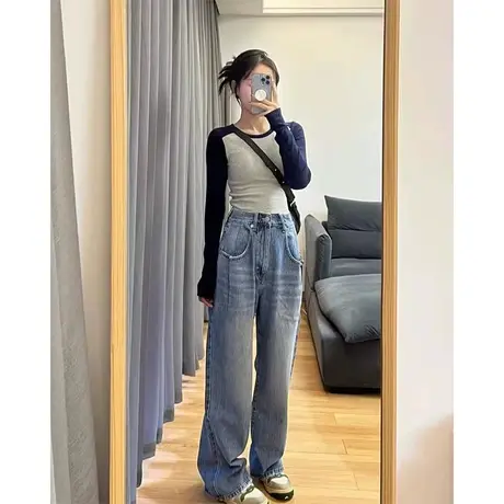 拼色正肩长袖t恤女早秋季辣妹风修身显瘦夏装插肩袖打底小衫上衣商品大图