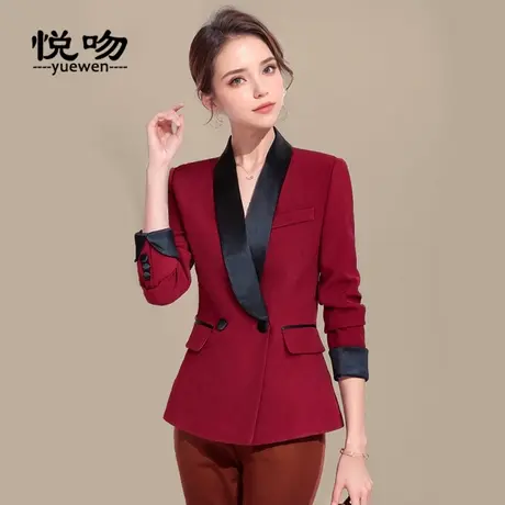 长袖青果领撞色西装外套女2024新款高级感双排扣小西服职业装上衣图片