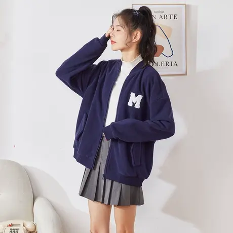 唐狮摇粒绒外套女秋冬季新款上衣左胸字母棒球服外套宽松百搭上衣图片