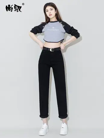 尚驭黑色弹力高腰牛仔垮裤2024年春季新款老爹裤遮肉显瘦哈伦裤女商品大图