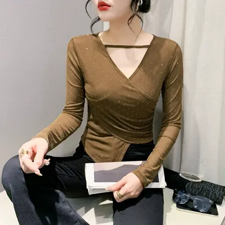 不规则下摆上衣女性感镂空网纱拼接T恤欧货气质修身小衫烫钻长袖商品大图