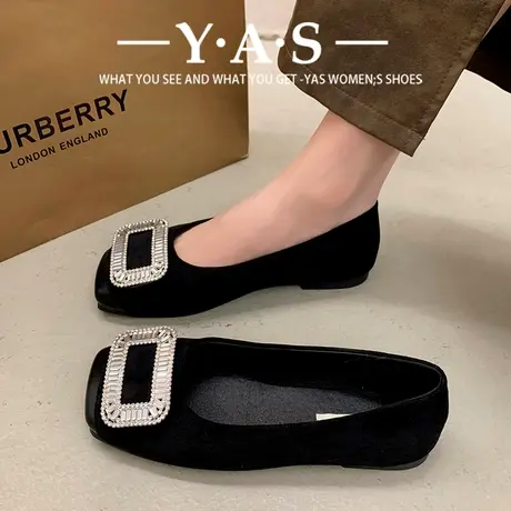 法式晚晚风方头浅口单鞋女春季平底2024新款方扣水钻配裙子瓢鞋商品大图