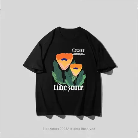 Ohlyah男女同款短袖潮牌复古橙色花朵花卉字母纯棉情侣装学生T恤图片