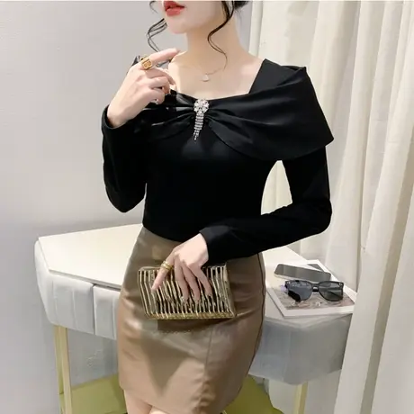 性感镂空方领T恤女长袖欧货女装别致蝴蝶结上衣洋气修身百搭小衫图片