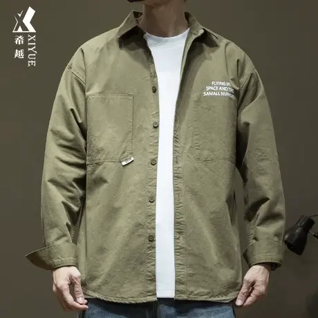 希越美式纯棉长袖衬衫男2024春秋款宽松大码休闲男士翻领衬衣外套商品大图