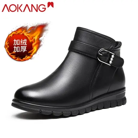 奥康短靴女加绒保暖中年平跟软底休闲妈妈棉鞋老年真皮皮棉鞋商品大图