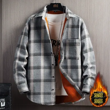 格子衬衫男秋冬季加绒加厚长袖韩版潮流工装帅气保暖外套男士衬衣商品大图