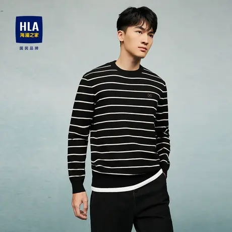 HLA/海澜之家撞色条纹针织衫23秋季图案刺绣圆领水洗保暖毛衣男图片