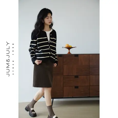 嘉茱莉2023秋季新款条纹毛衣外套女短款针织开衫小众设计感上衣商品大图