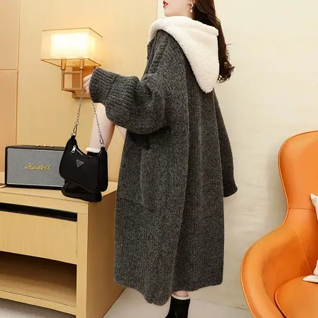 长款过膝连帽毛衣开衫女2023新款秋冬季宽松韩系慵懒风羊羔毛外套图片
