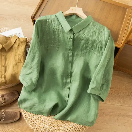 享永子刺绣宽松苎麻衬衫女文艺复古宽松休闲盐系上衣春夏2023新款商品大图