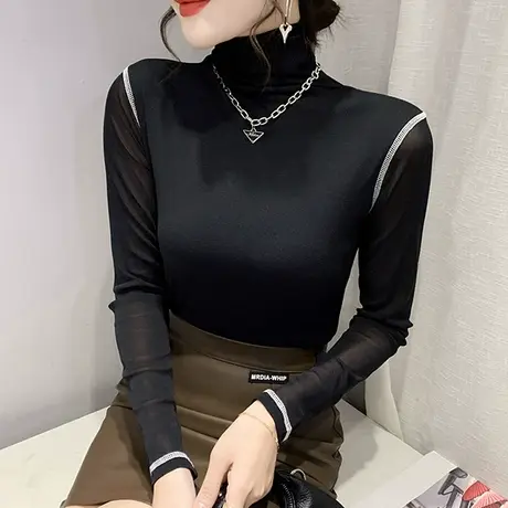 女装2023新款潮气质网纱T恤长袖纯色百搭洋气上衣高领打底小衫女商品大图