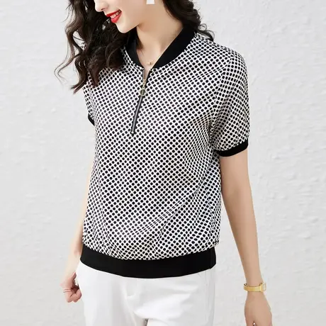 2023夏季新款波点半拉链小衫别致气质短袖t恤女宽松V领时尚女上衣商品大图