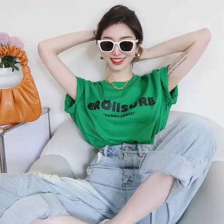 韩版字母印花短袖T恤女装夏季宽松复古时尚休闲圆领绿色上衣潮ins商品大图