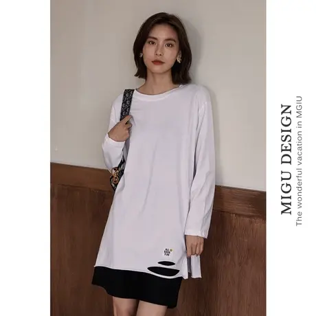 弥古白色长袖不规则破洞纯棉t恤女秋装长袖宽松秋季内搭打底上衣图片