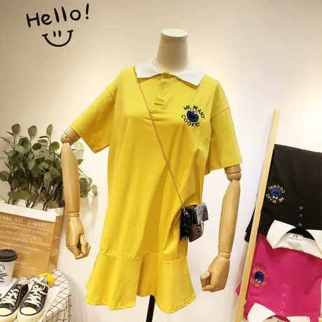 2020夏季新款Polo领短袖T恤裙韩国东大门荷叶边连衣裙闺蜜装大码商品大图