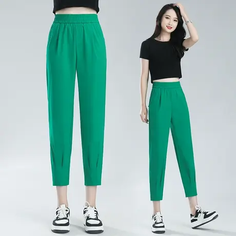 盐系马卡龙色休闲裤女士2023夏新薄款百搭松紧腰宽松哈伦九分裤子商品大图