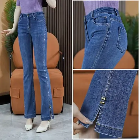 弹力牛仔微喇叭裤女2023春夏新款时尚开叉马蹄裤修身显瘦休闲裤潮图片