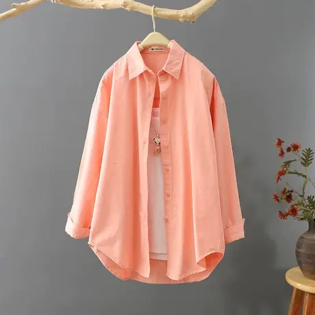 文艺纯棉长袖女衬衫春装新款休闲宽松百搭纯色休闲衬衣女上衣女装商品大图