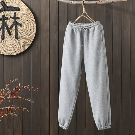 枫谜2022年冬季新款灰色加绒松紧腰宽松休闲百搭束脚卫裤图片