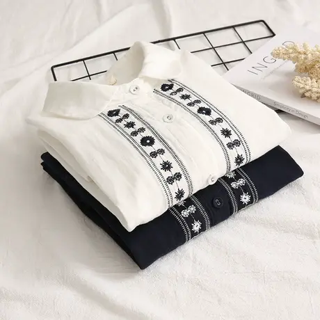 民族风刺绣日系清新娃娃领打底衬衫女春装双层纱纯棉叠穿长袖衬衣商品大图