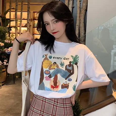 欧货大版ins短袖t恤女2021新款夏季纯棉宽松韩版bf慵懒风上衣服潮图片