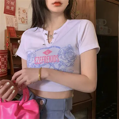 ins超火设计感短袖T恤女夏韩版潮小众短款高腰露脐宽松半袖上衣服商品大图