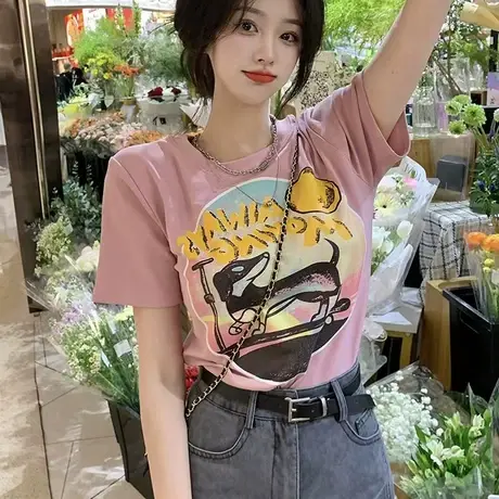 粉色t恤少女美式甜辣上衣正肩短袖2023新款夏日多巴胺甜妹穿搭ins商品大图