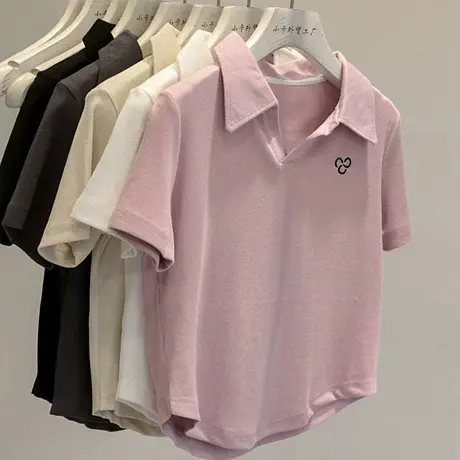 高腰裤伴侣~2023夏季新款简约刺绣Polo领修身显瘦有弹力短款T恤女图片