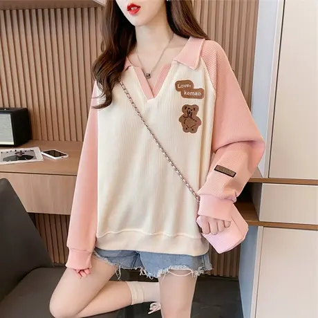 早秋V领卫衣女春秋季韩版宽松大码薄款小个子翻领华夫格上衣外套商品大图