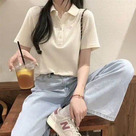 坑条POLO领短袖T恤女2023新款夏韩版修身百搭小个子短款半袖上衣商品大图